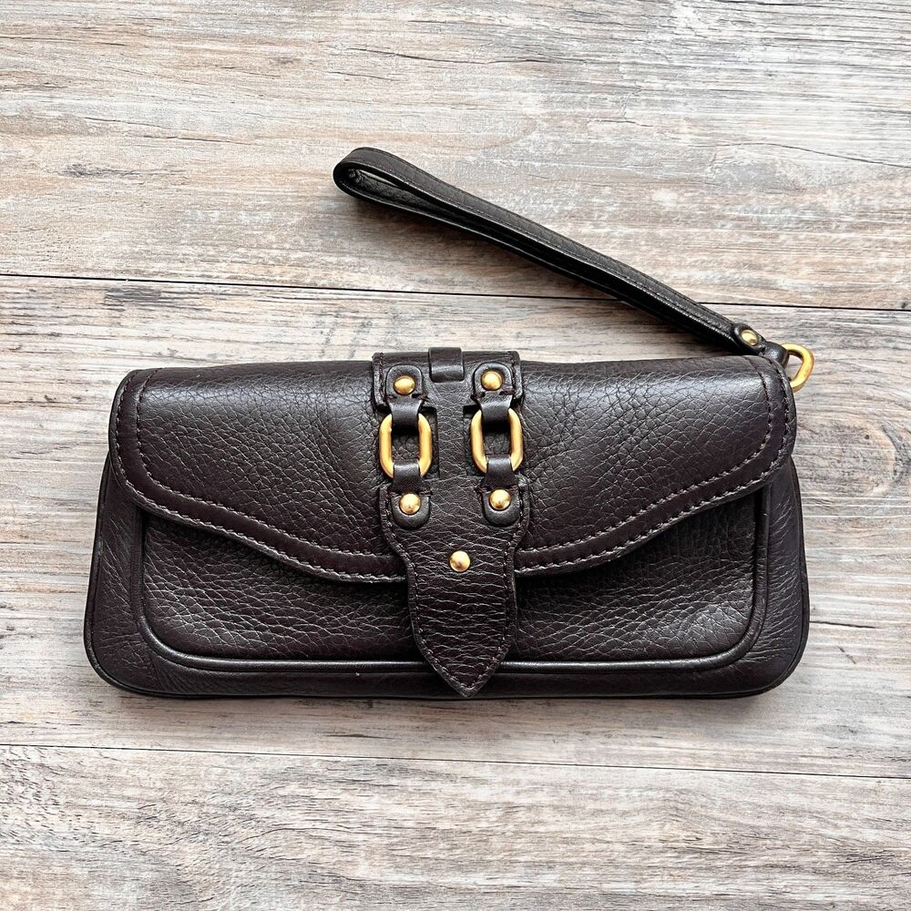 Cole Haan Wristlet Wallet Brown Leather Gold Hardware Designer Clutch Old Money